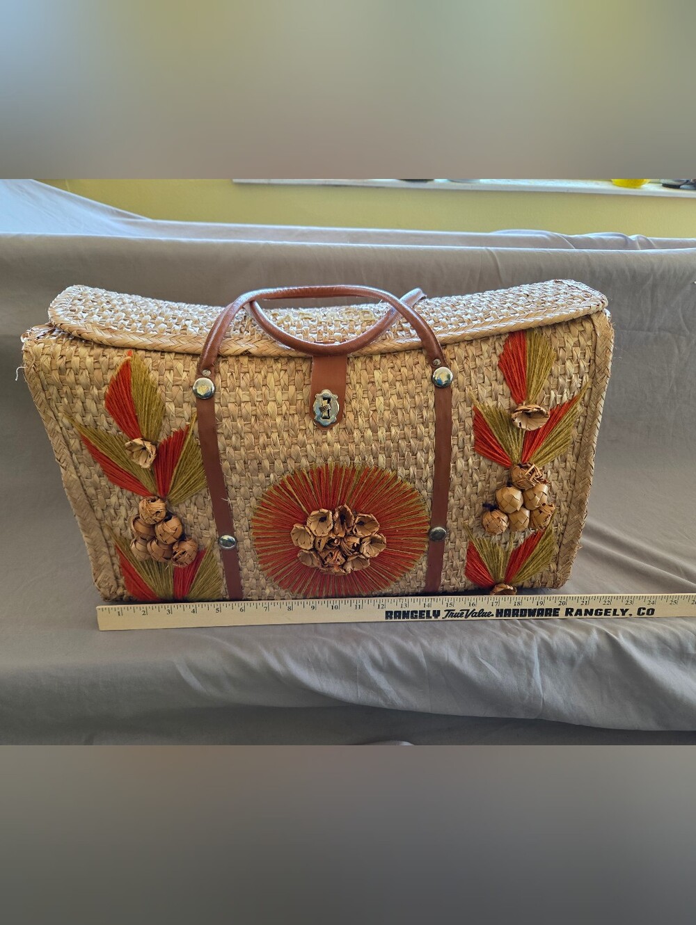 Woven Straw Tote Bag with Orange Embroidery